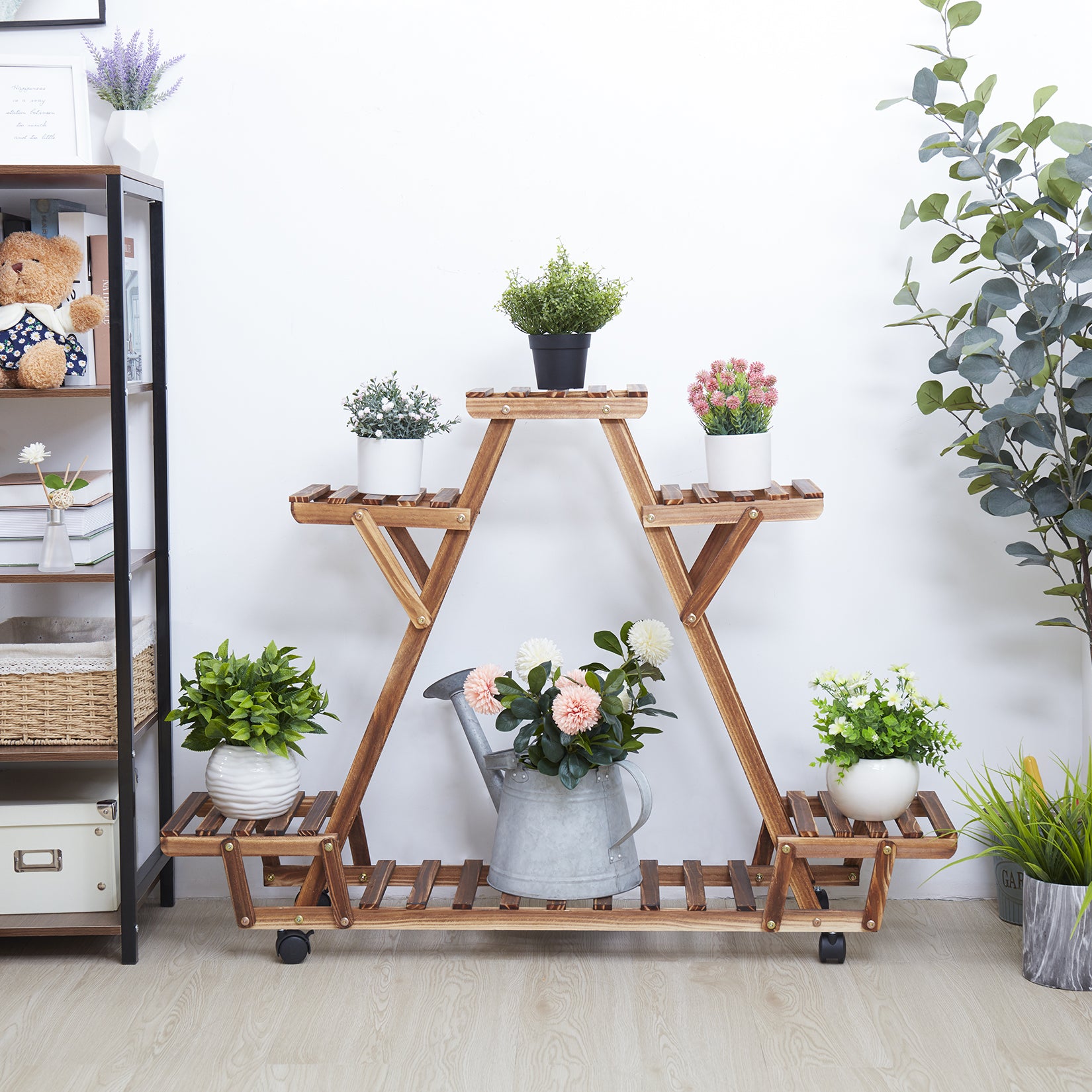 Triangular Plant Shelf with Wheels - Carbonized Wood Stand