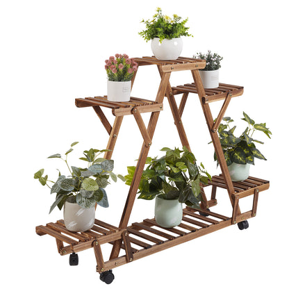 Triangular Plant Shelf with Wheels - Carbonized Wood Stand