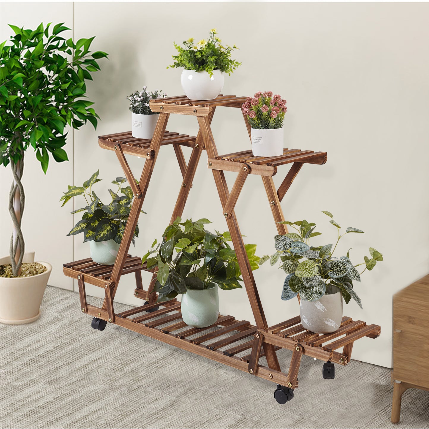 Triangular Plant Shelf with Wheels - Carbonized Wood Stand