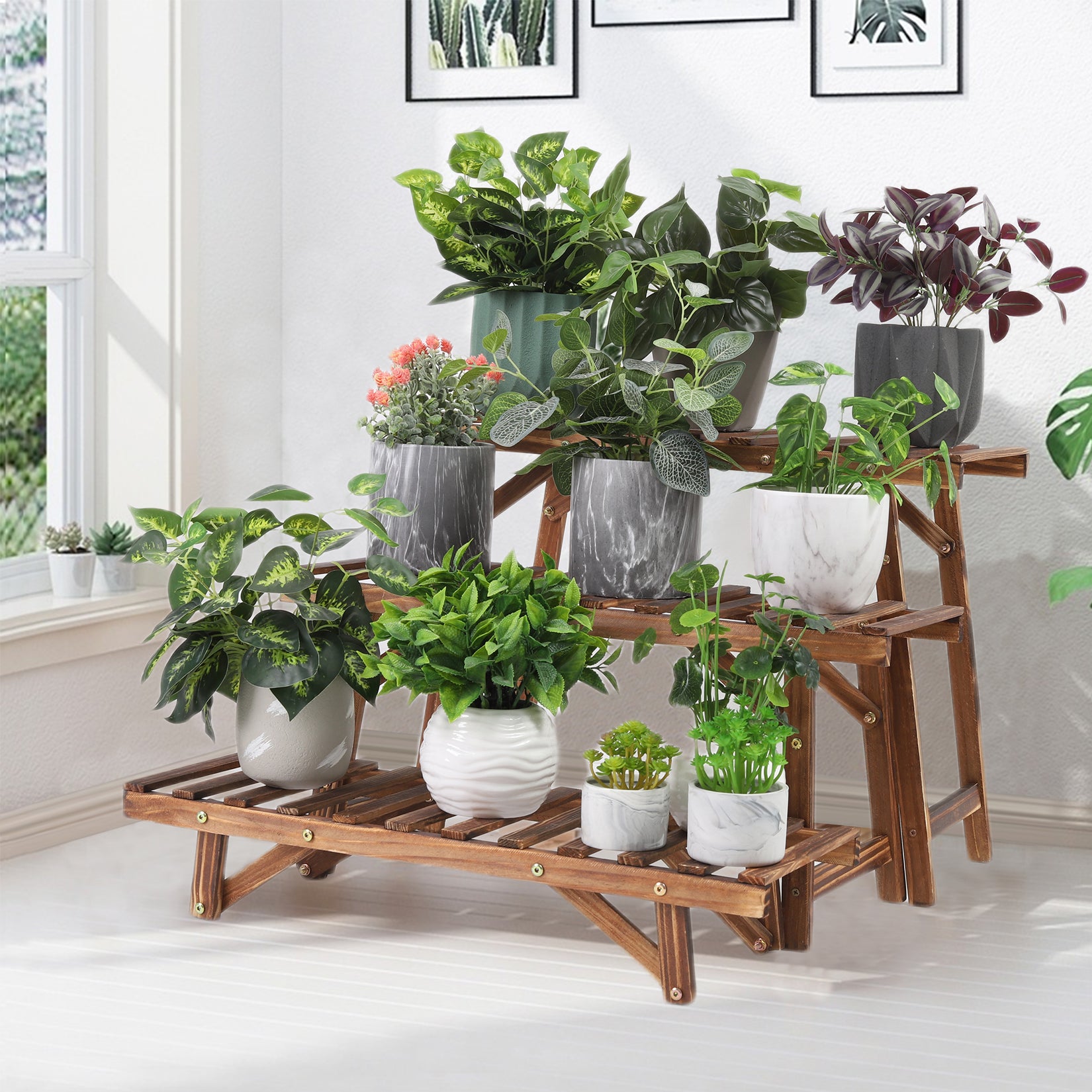 Wood Plant Stand 3-Tier Ladder Shelf for Indoor Outdoor Display