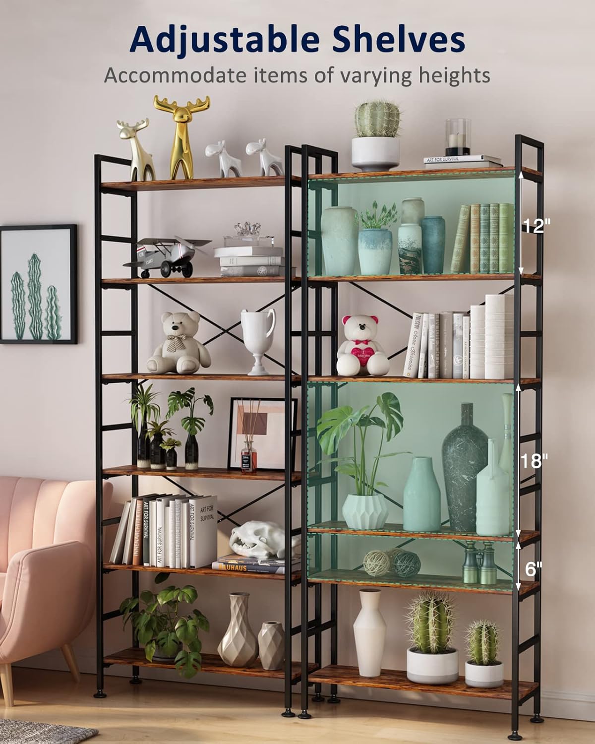 6-Tier Adjustable Bookcase, Rustic Wood & Metal Bookshelf