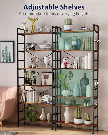 6-Tier Adjustable Bookcase, Rustic Wood & Metal Bookshelf