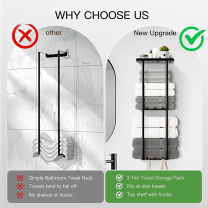 Wall Mounted Towel Rack: 3-Tier Storage with Hooks & Shelf