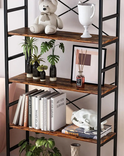 6-Tier Adjustable Bookcase, Rustic Wood & Metal Bookshelf