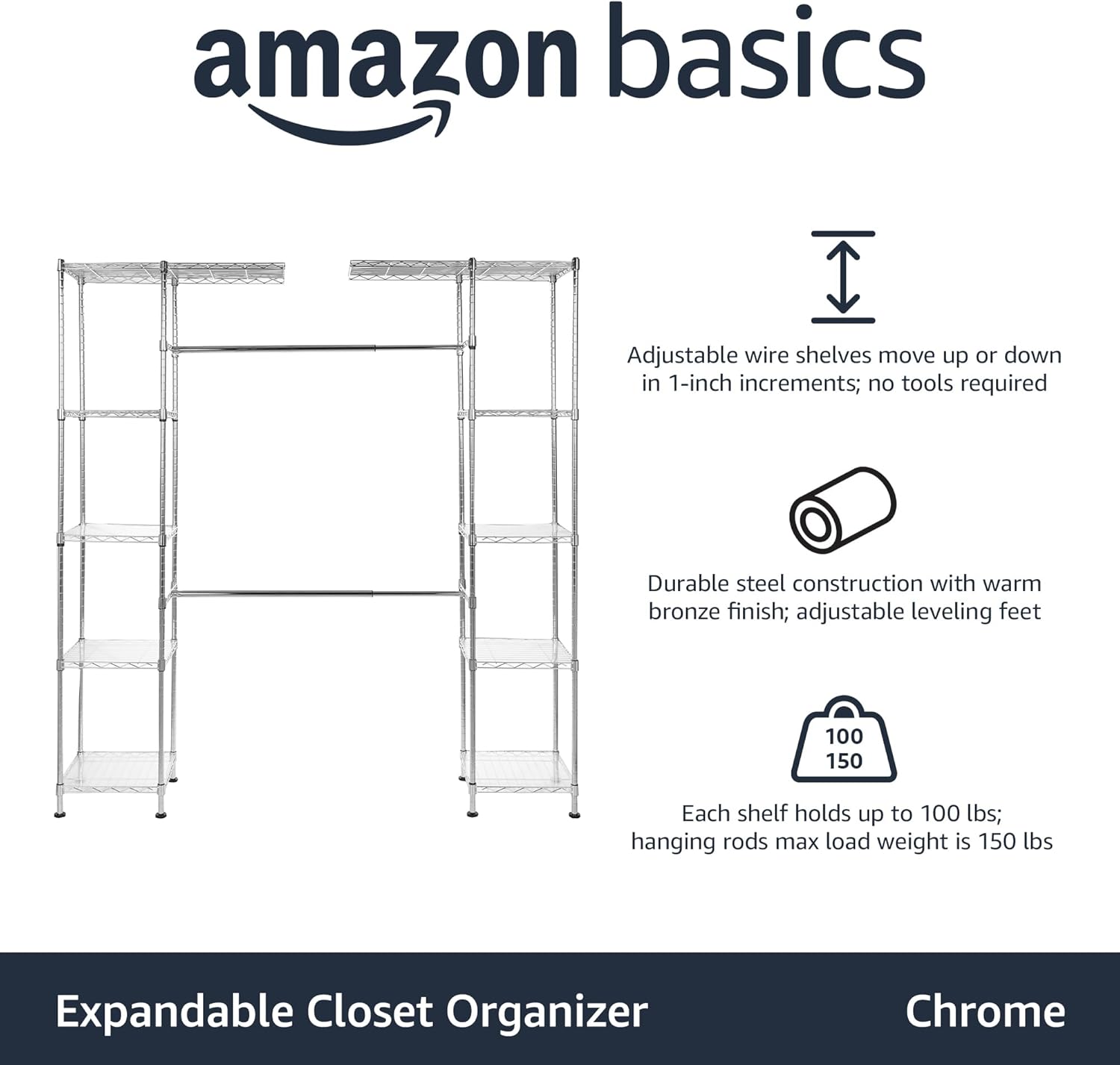 Expandable Metal Wardrobe Rack with Shelves - Chrome Finish