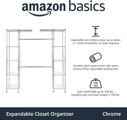 Expandable Metal Wardrobe Rack with Shelves - Chrome Finish