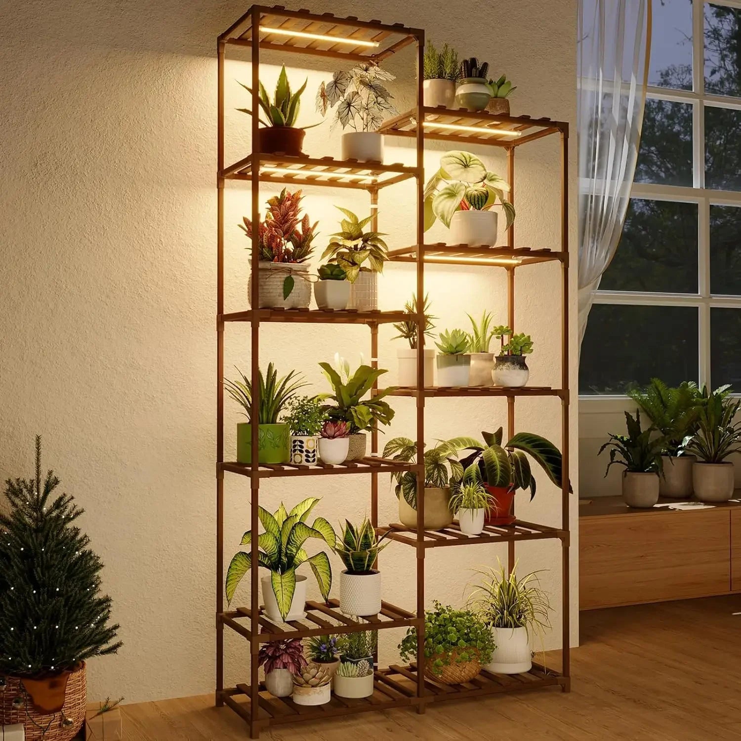 Carbonized Wood Plant Stand Indoor Outdoor Space-Saving Design