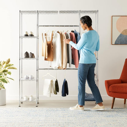 Expandable Metal Wardrobe Rack with Shelves - Chrome Finish