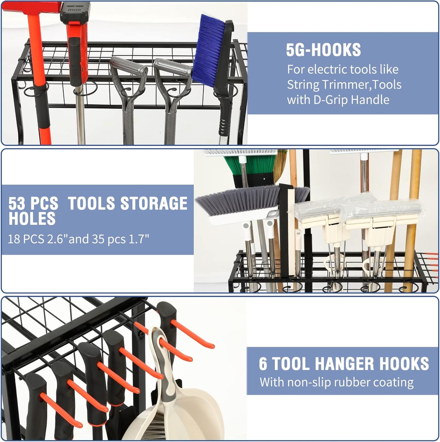 Garden Tool Organizer Rack - Holds 58 Tools, Rust Resistant