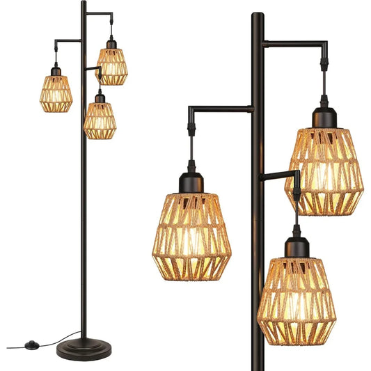 Modern Farmhouse Lamp: 3-Light Gold Rattan for Living Room