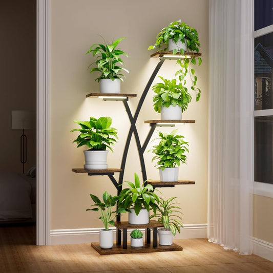 Indoor Plant Stand with Lights - 7 Tier Metal Shelf, Corner Use