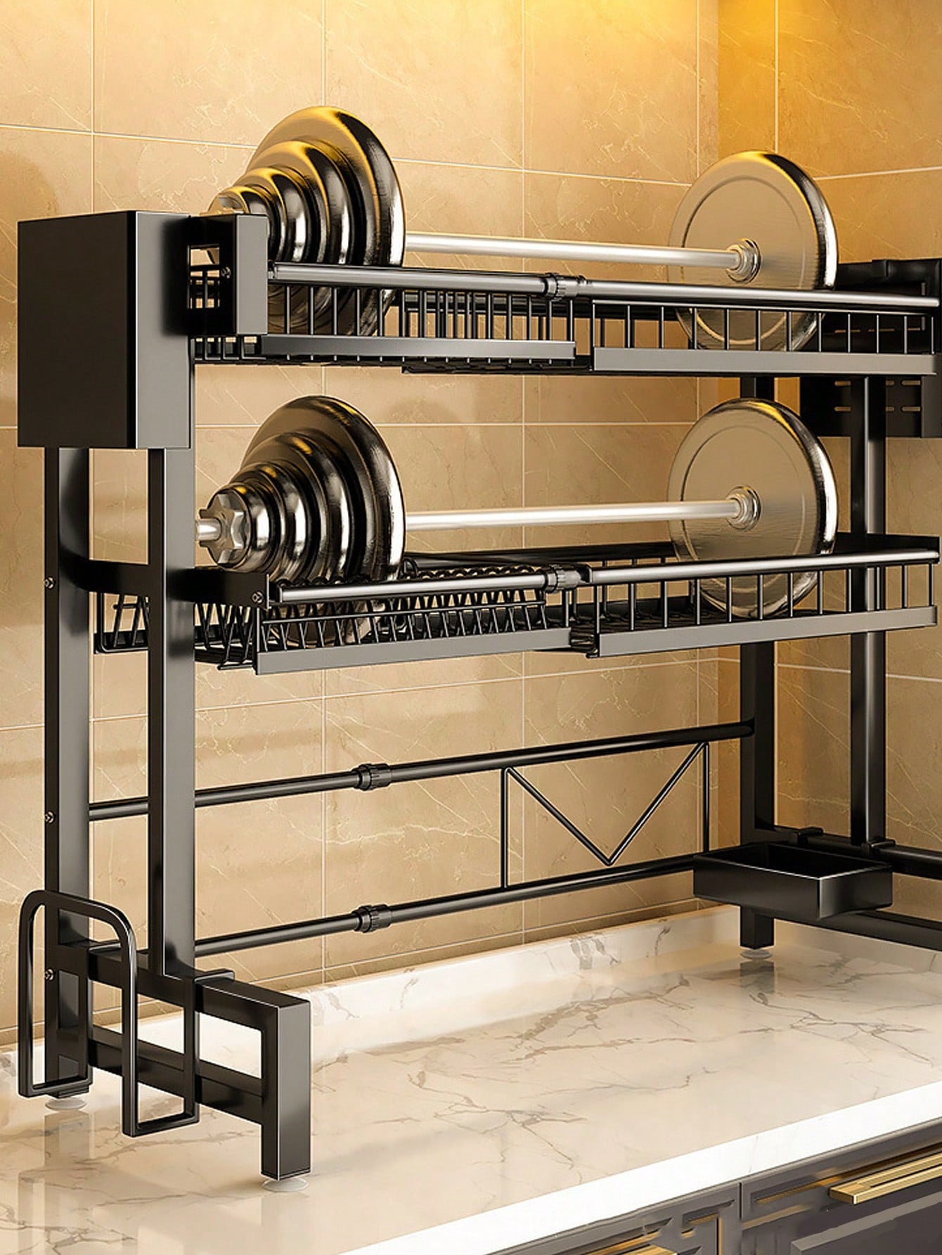 Expandable 2-Tier Stainless Steel Dish Rack with Cutlery Holder