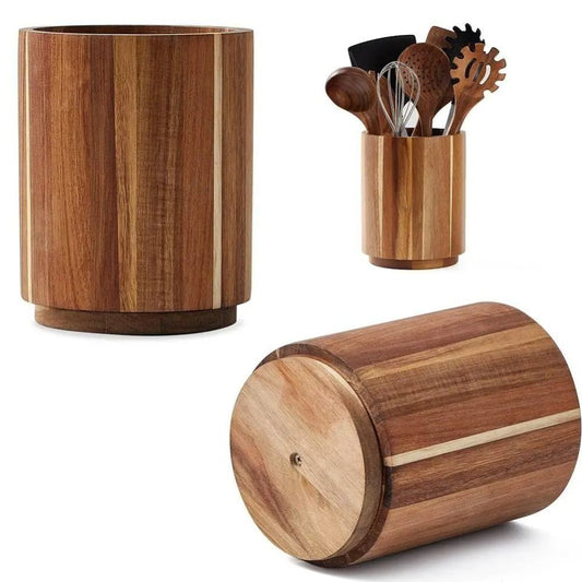 Wooden Utensil Holder 360° Rotatable Non-Slip Kitchen Organizer
