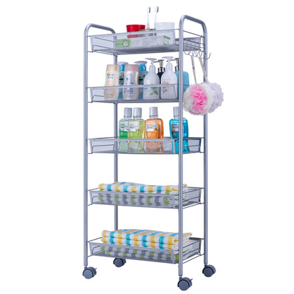 Honeycomb Mesh 5-Layer Storage Cart with Wheels - Silver