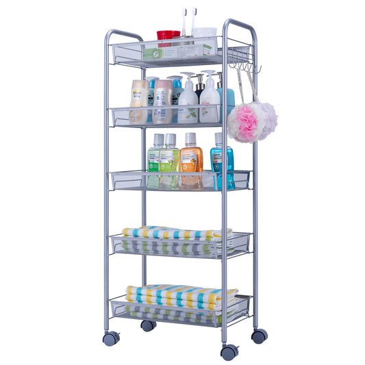 Honeycomb Mesh 5-Layer Storage Cart with Wheels - Silver