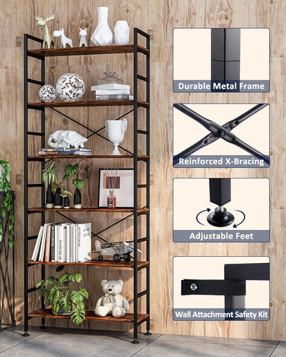 6-Tier Adjustable Bookcase, Rustic Wood & Metal Bookshelf
