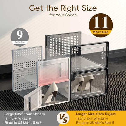 X-Large Clear Shoe Storage Boxes - Stackable 12 Pack Organizer