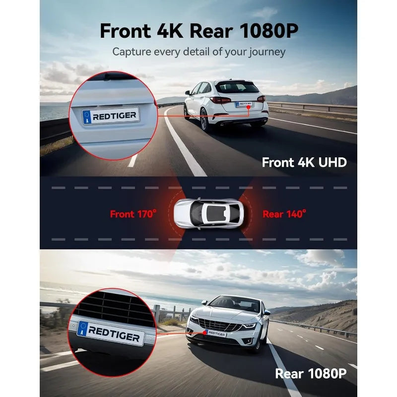 4K Dash Cam Front & Rear, UHD 2160P, WiFi GPS, 64GB Card