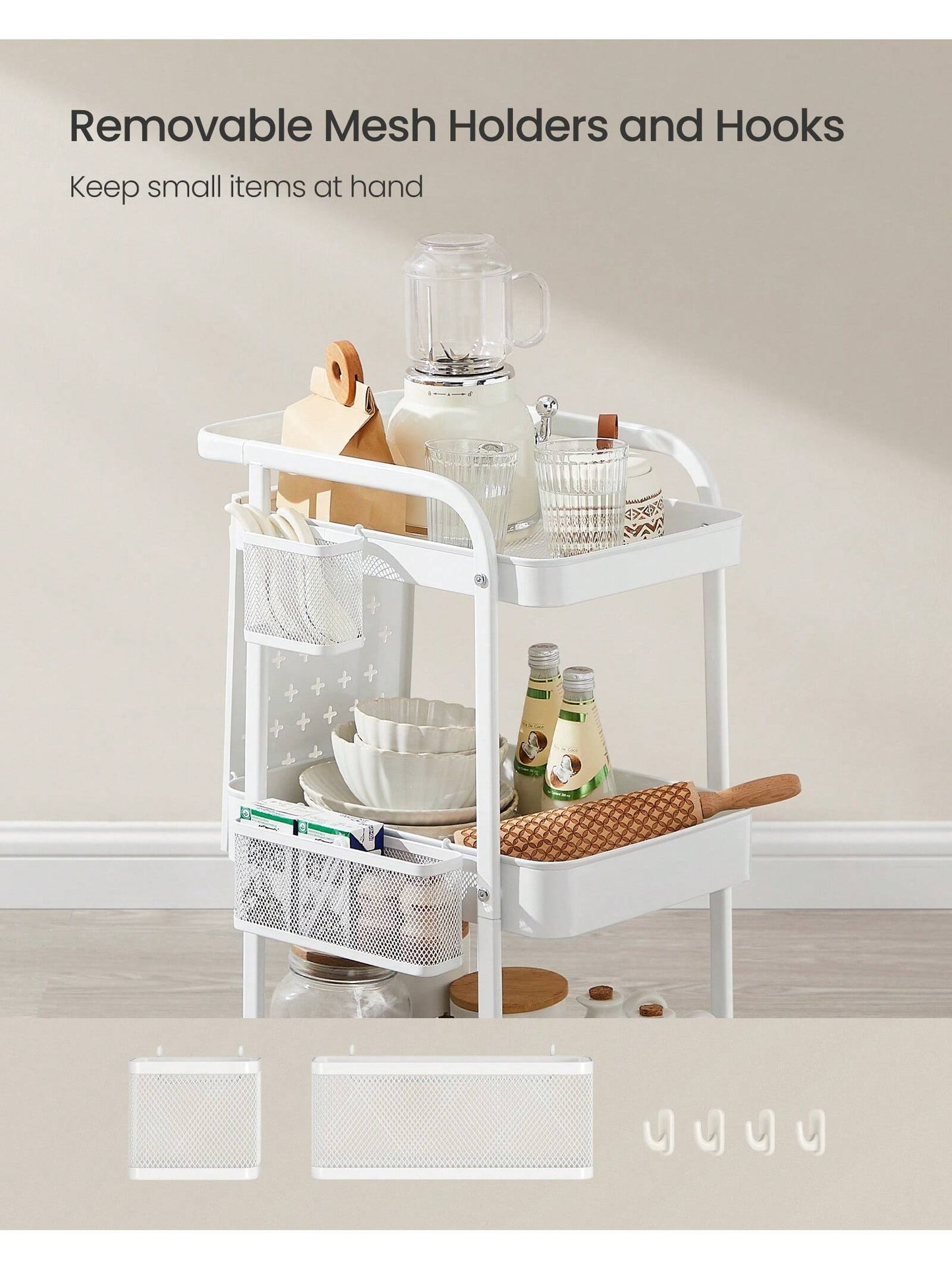 Storage Cart with Pegboards & Hooks - SONGMICS 3-Tier Rolling