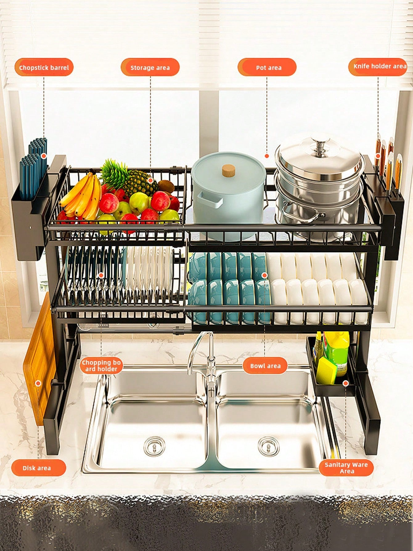 Expandable 2-Tier Stainless Steel Dish Rack with Cutlery Holder