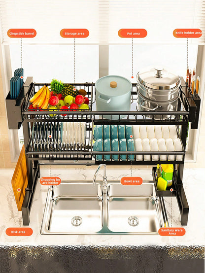 Expandable 2-Tier Stainless Steel Dish Rack with Cutlery Holder
