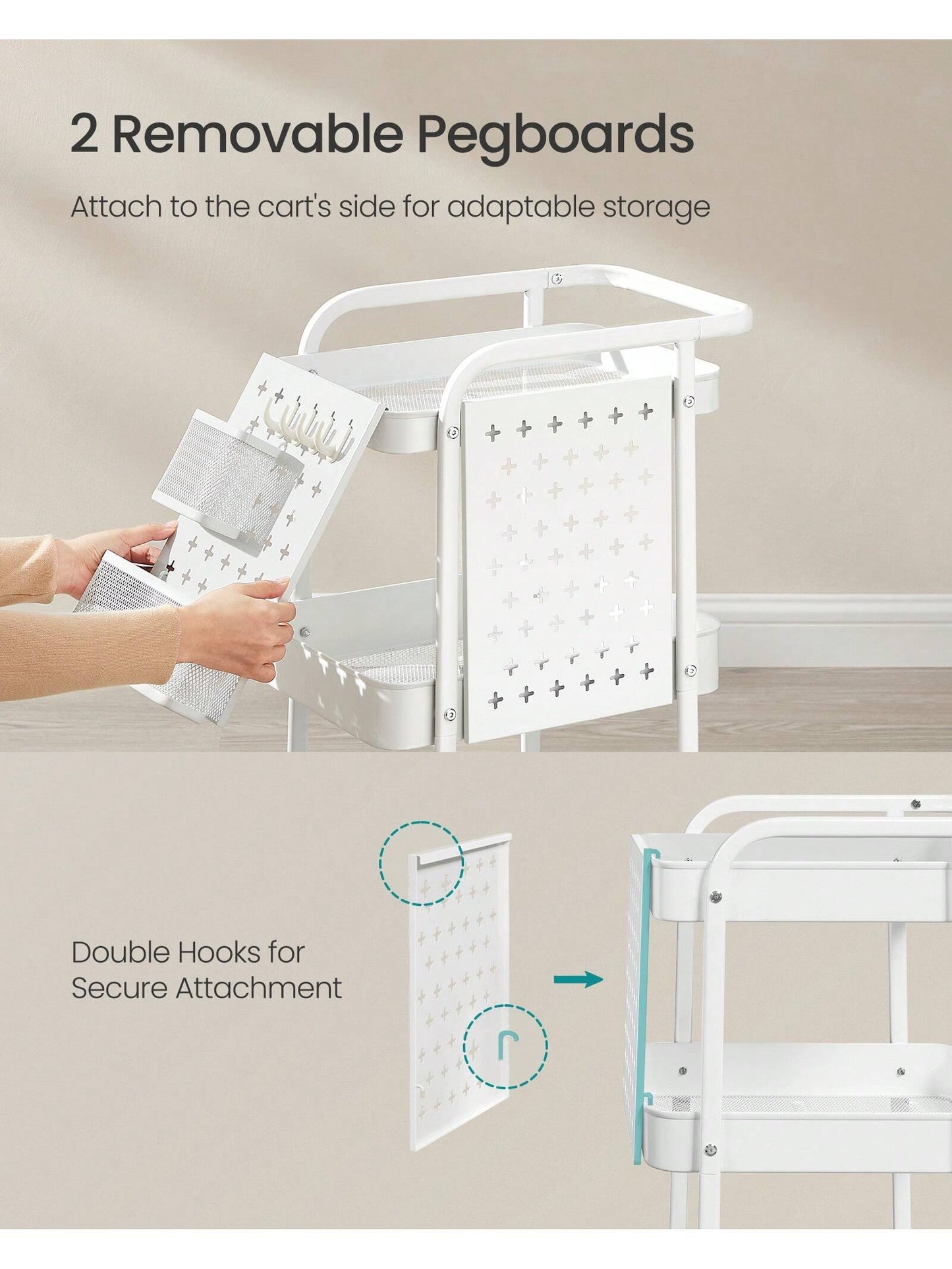 Storage Cart with Pegboards & Hooks - SONGMICS 3-Tier Rolling