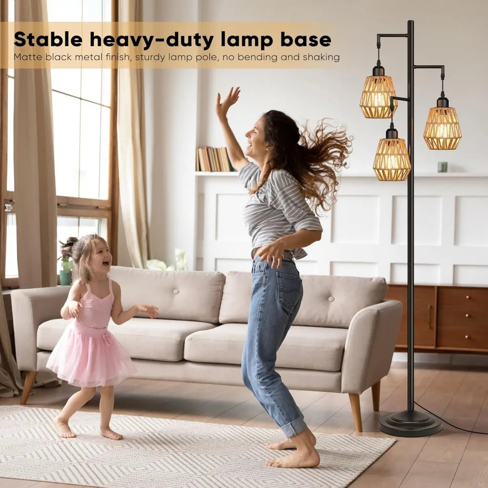 Modern Farmhouse Lamp: 3-Light Gold Rattan for Living Room