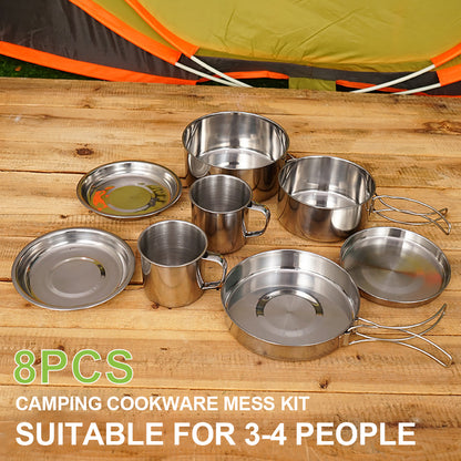 Stainless Steel Camping Cookware: 8pcs Mess Kit for Outdoors