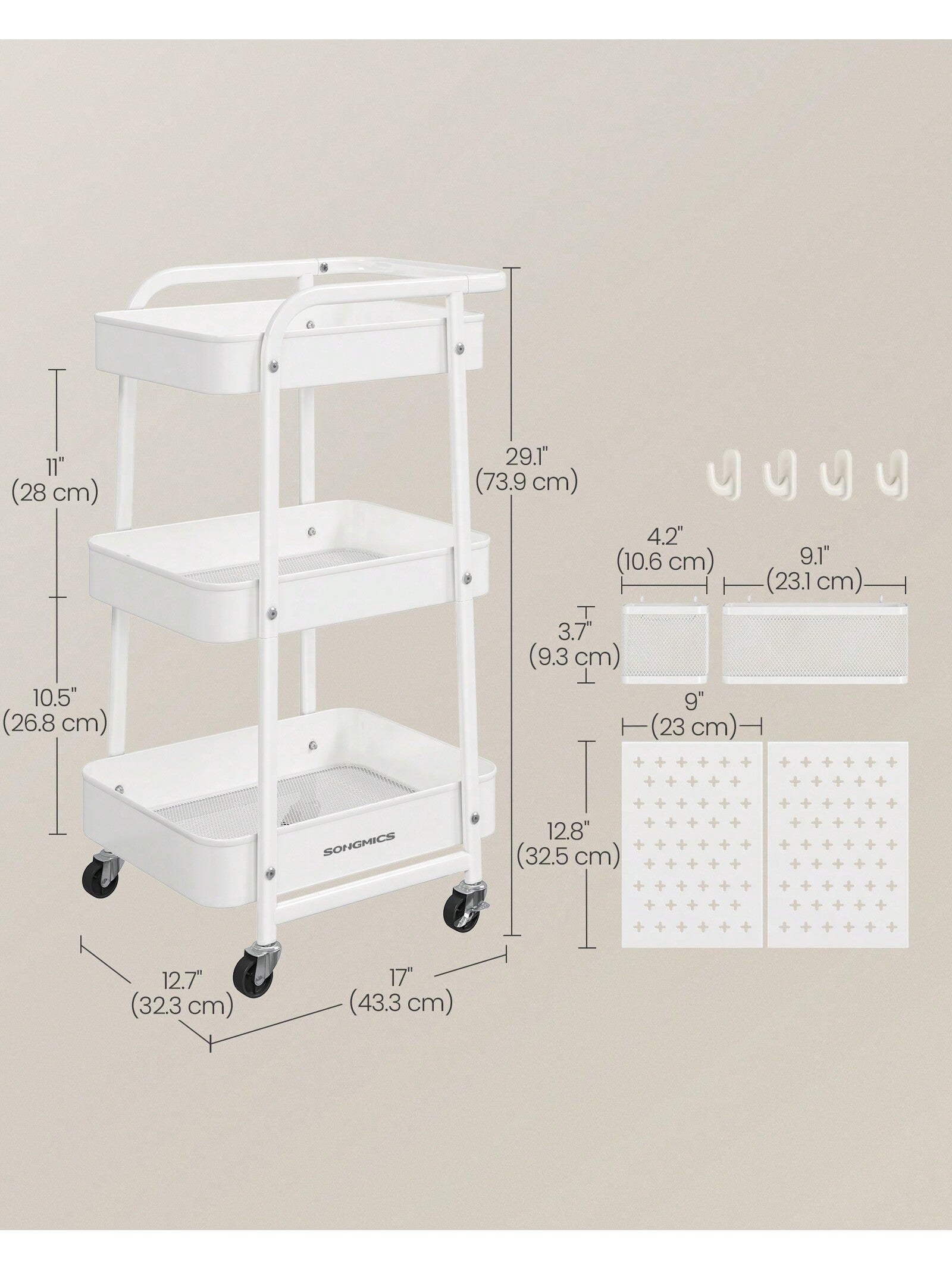 Storage Cart with Pegboards & Hooks - SONGMICS 3-Tier Rolling