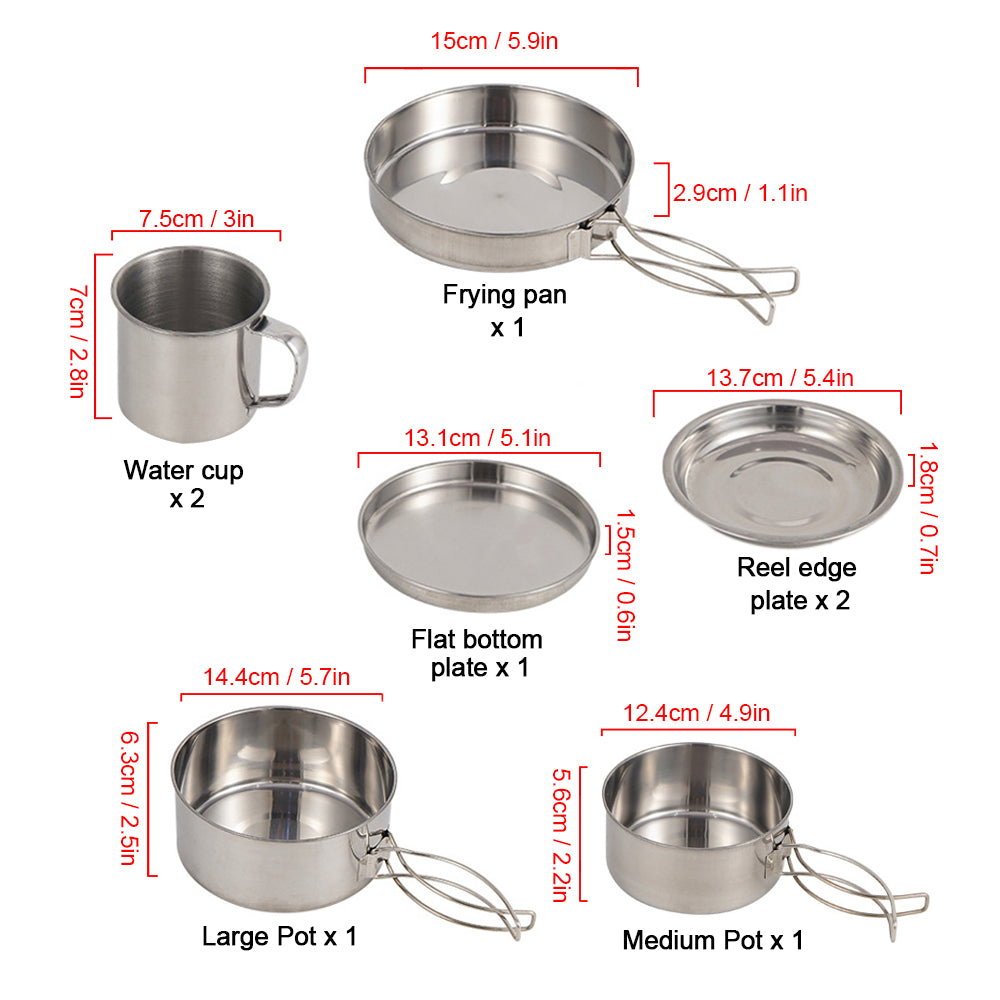 Stainless Steel Camping Cookware: 8pcs Mess Kit for Outdoors
