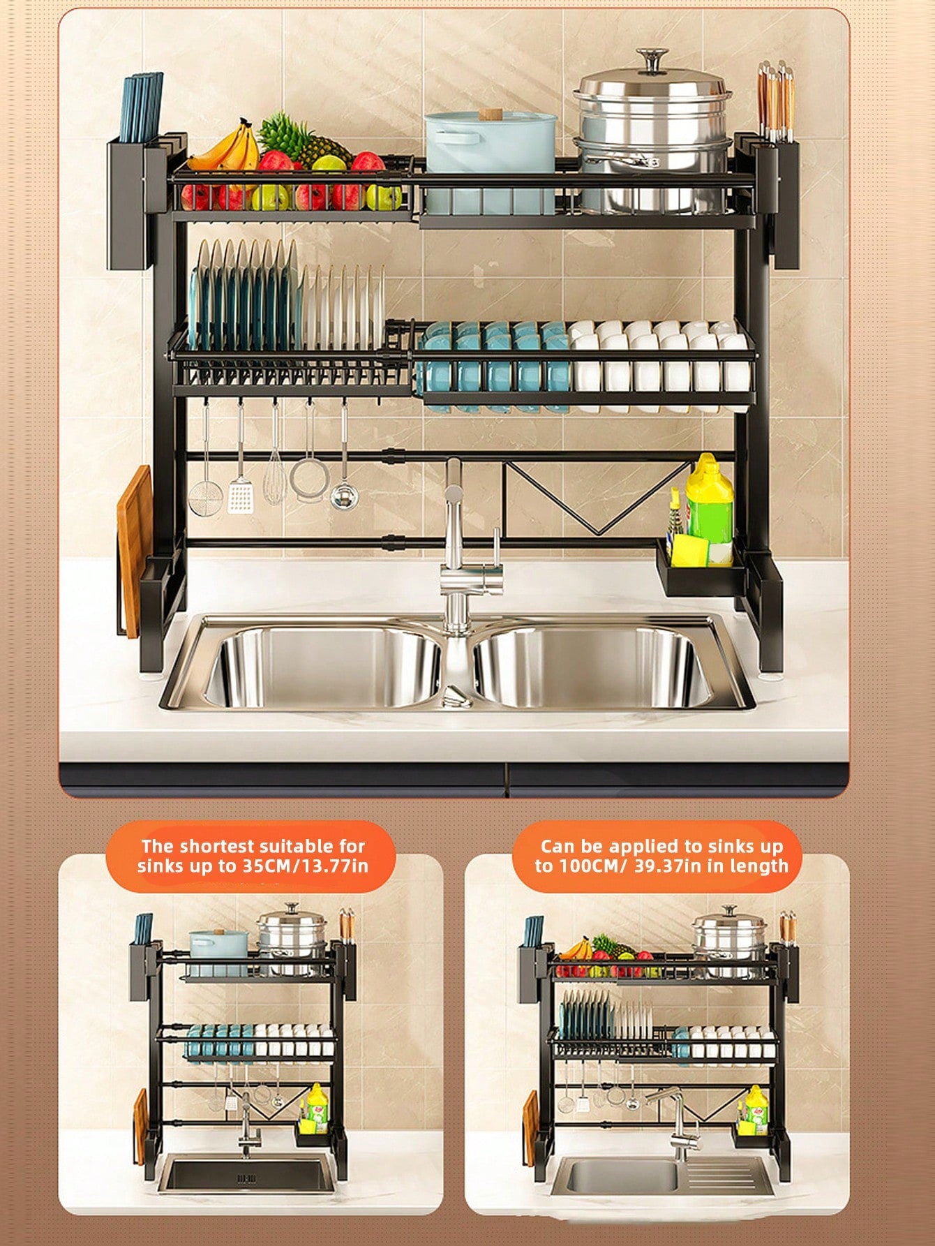Expandable 2-Tier Stainless Steel Dish Rack with Cutlery Holder
