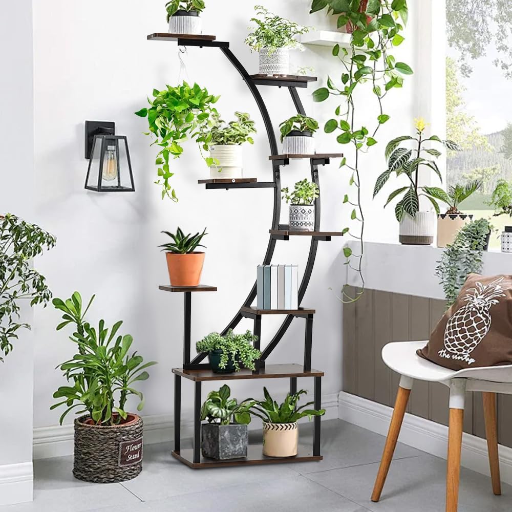 Black Plant Stand with Grow Light - 9 Tier Metal Shelf