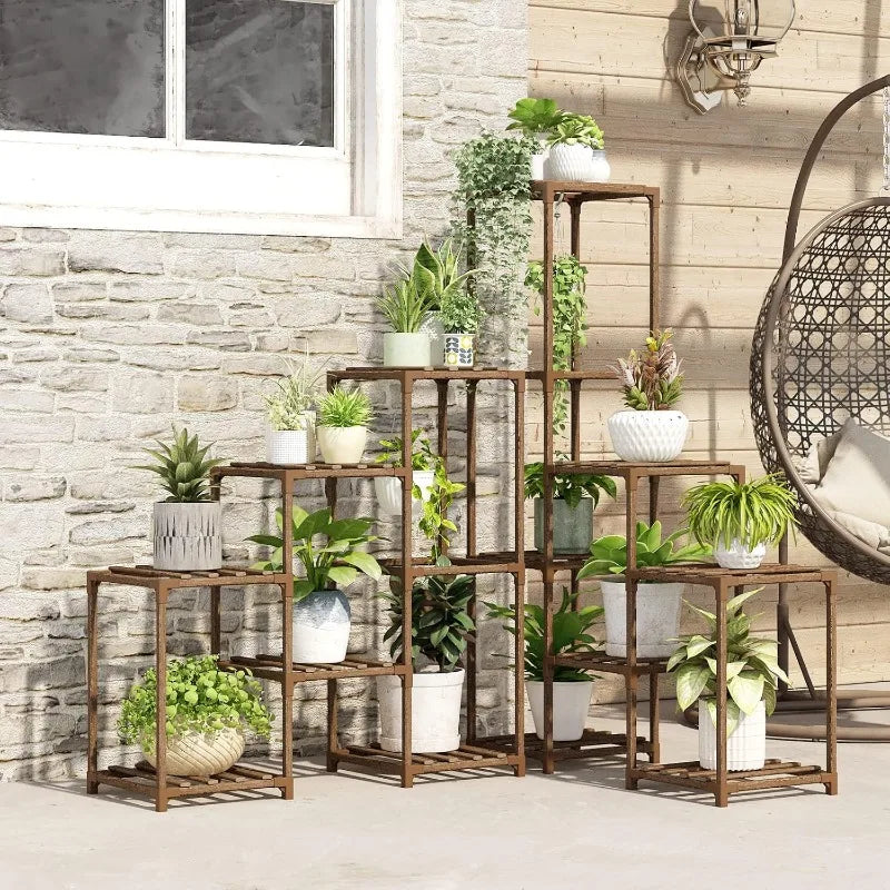 Carbonized Wood Plant Stand Indoor Outdoor Space-Saving Design