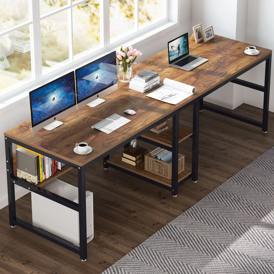 Two-Person Desk with Bookshelf - 78.7" Rustic Office Workstation