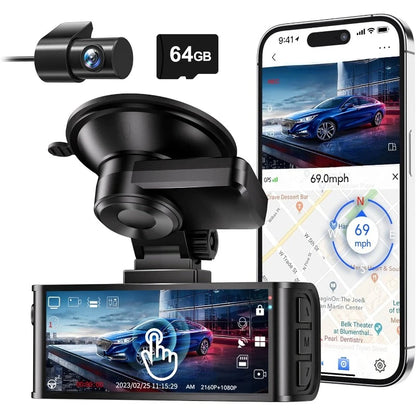 4K Dash Cam Front & Rear, UHD 2160P, WiFi GPS, 64GB Card