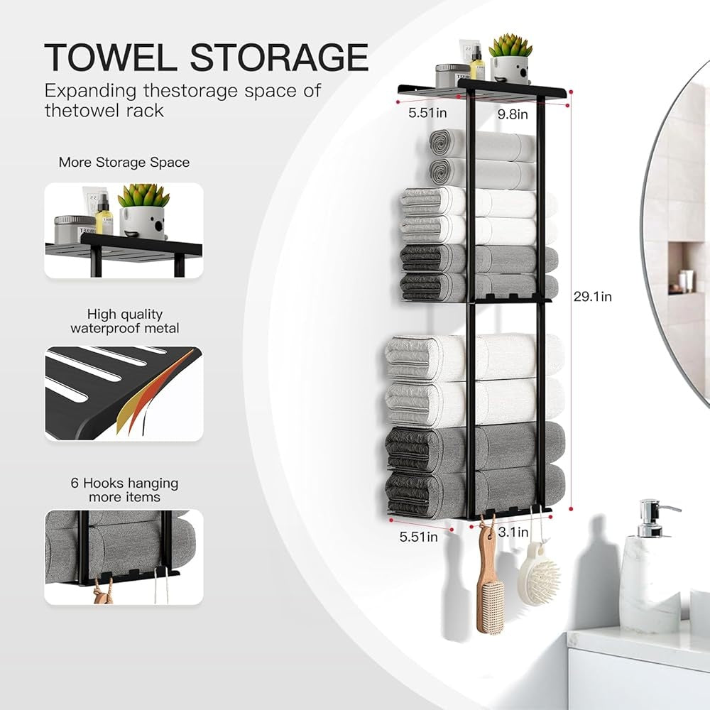 Wall Mounted Towel Rack: 3-Tier Storage with Hooks & Shelf