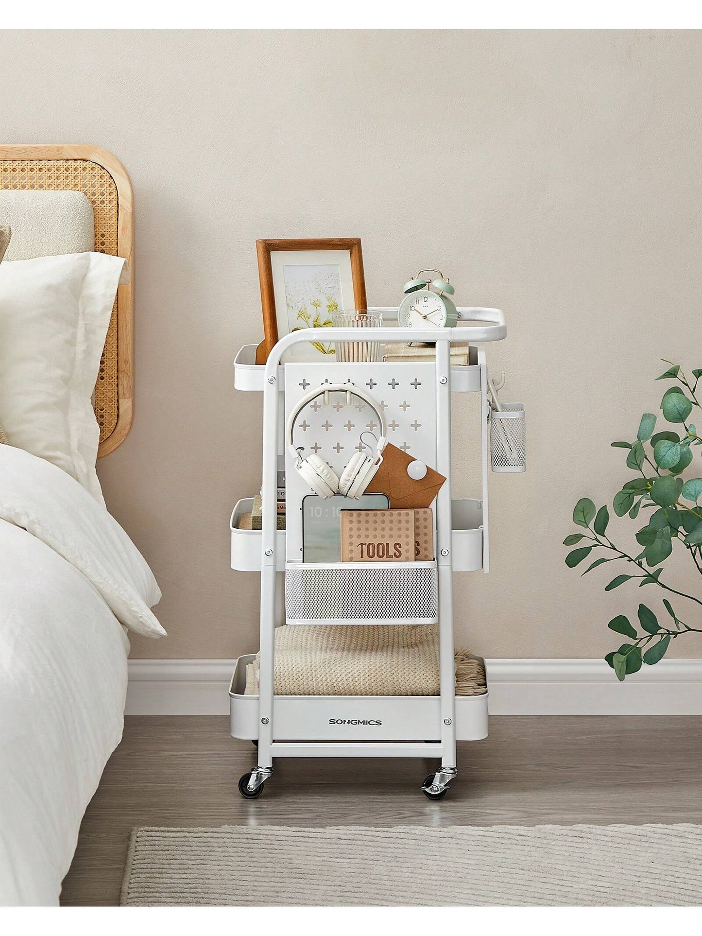 Storage Cart with Pegboards & Hooks - SONGMICS 3-Tier Rolling