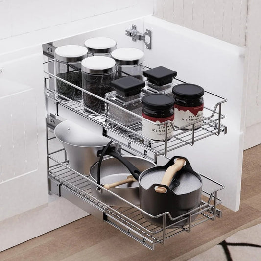 Pull Out Cabinet Organizer - 2 Tier Slide Out Drawers 11"x22"