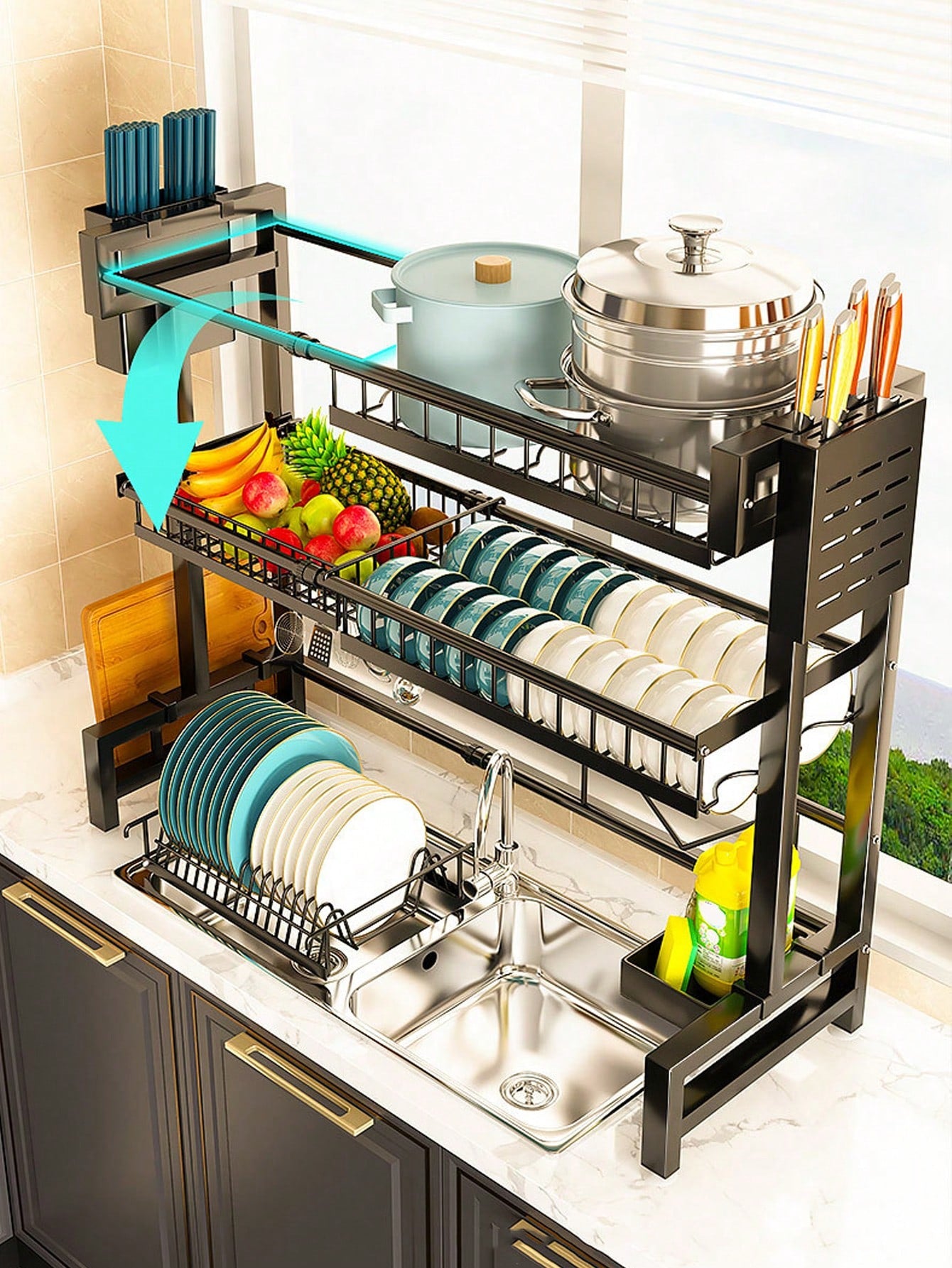 Expandable 2-Tier Stainless Steel Dish Rack with Cutlery Holder