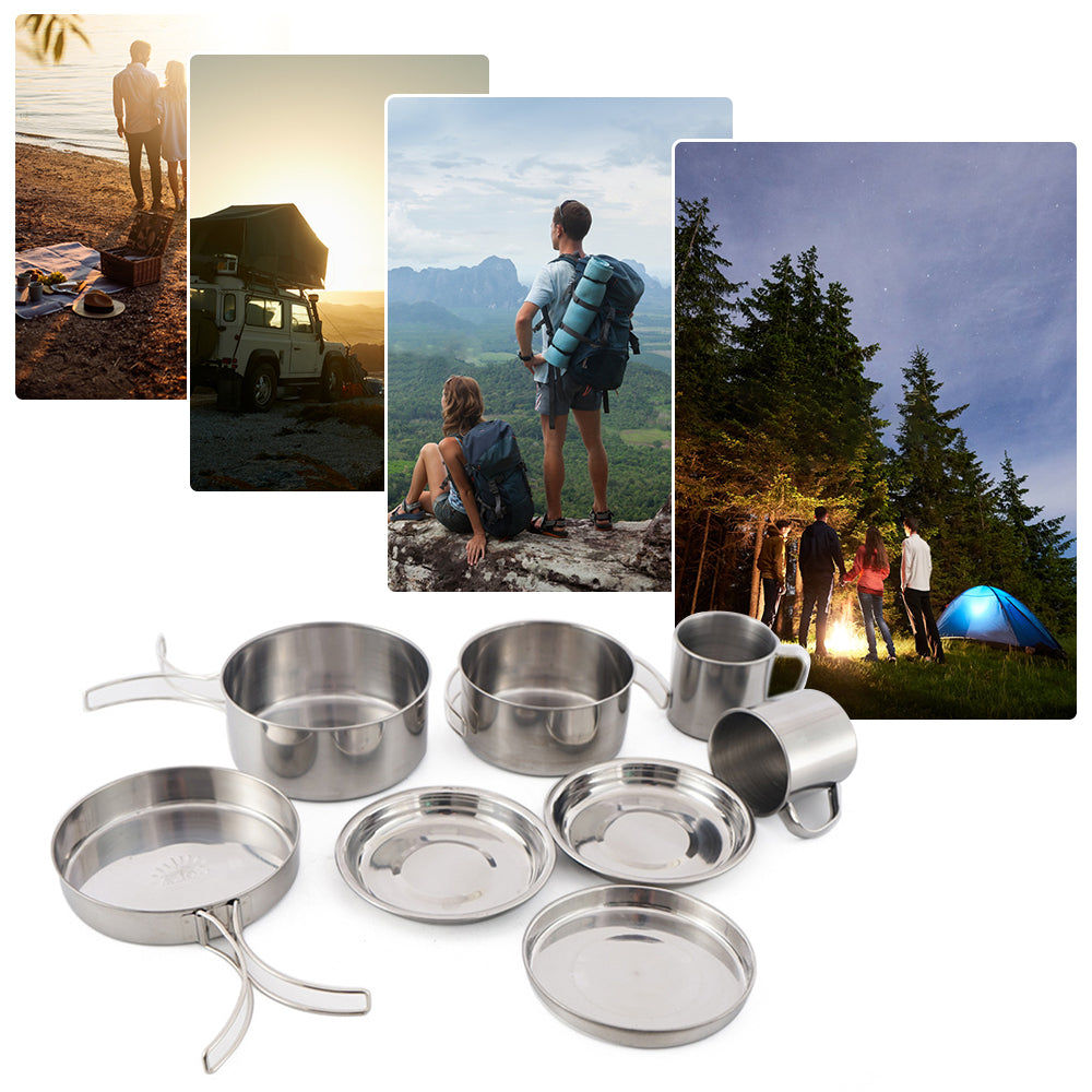 Stainless Steel Camping Cookware: 8pcs Mess Kit for Outdoors