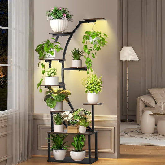 Black Plant Stand with Grow Light - 9 Tier Metal Shelf