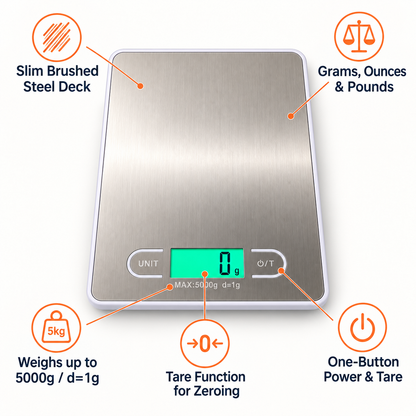 Kitchen Digital Food Scale for Cooking & Baking — Grams, Oz & Lbs, Tare Function