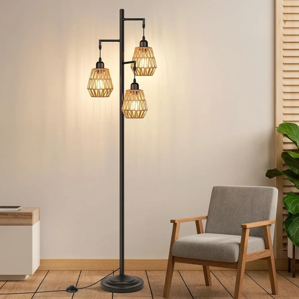 Modern Farmhouse Lamp: 3-Light Gold Rattan for Living Room