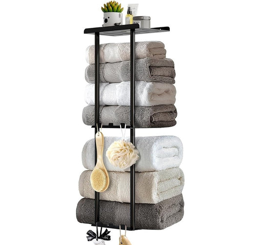 Wall Mounted Towel Rack: 3-Tier Storage with Hooks & Shelf