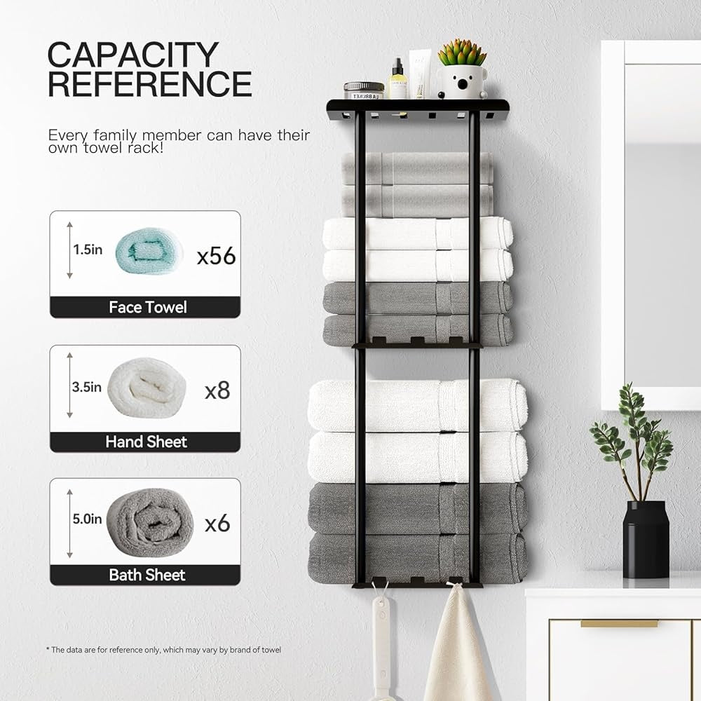Wall Mounted Towel Rack: 3-Tier Storage with Hooks & Shelf
