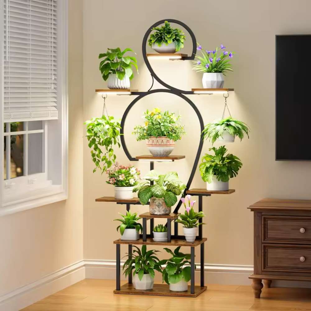 Plant Stand Indoor 9-Tier Metal with Grow Light, 63" Tall