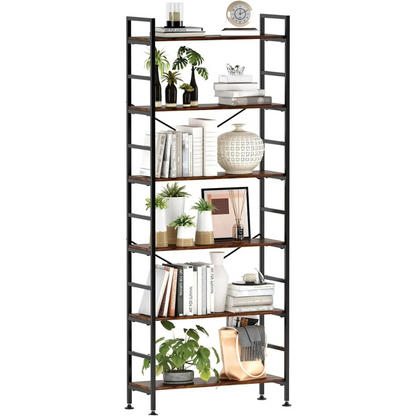 6-Tier Adjustable Bookcase, Rustic Wood & Metal Bookshelf