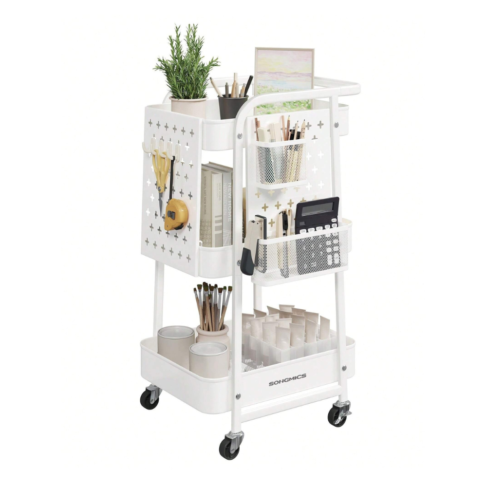 Storage Cart with Pegboards & Hooks - 3-Tier Rolling