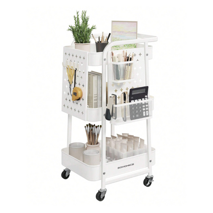 Storage Cart with Pegboards & Hooks - 3-Tier Rolling