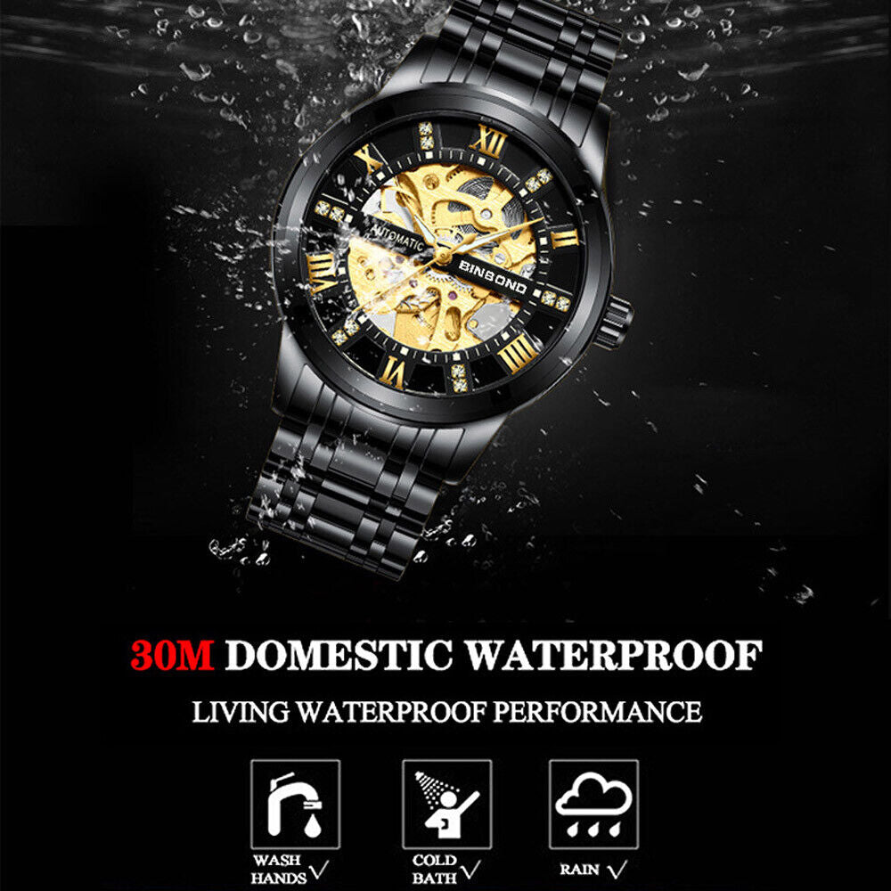 Men's Gold Tone Skeleton Mechanical Automatic Stainless Steel Watch